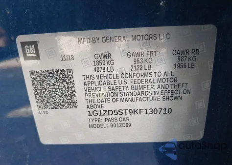 2019 Chevrolet Malibu Lt from USA, damaged, VIN 1G1ZD5ST9KF130710